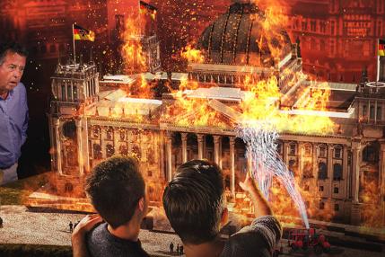 Depiction of the burning Reichstag at Little Big City Berlin