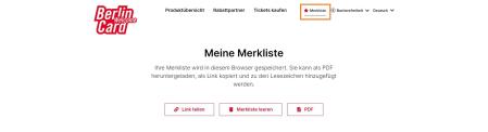 Merkliste Screenshot der Merkliste-Seite auf berlin-welcomecard.de